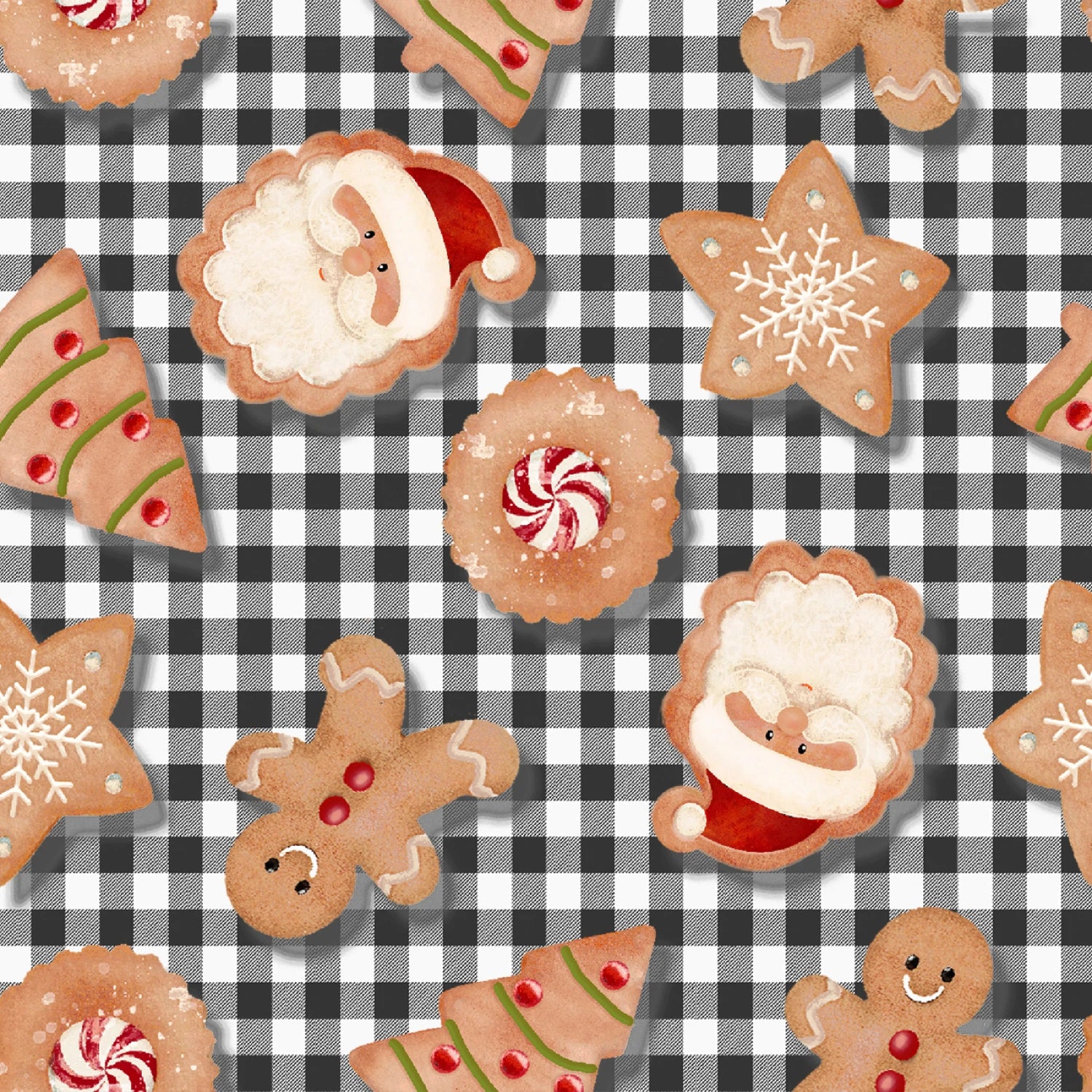 Very Merry Gingerbread Christmas Cookie Plaid - Black