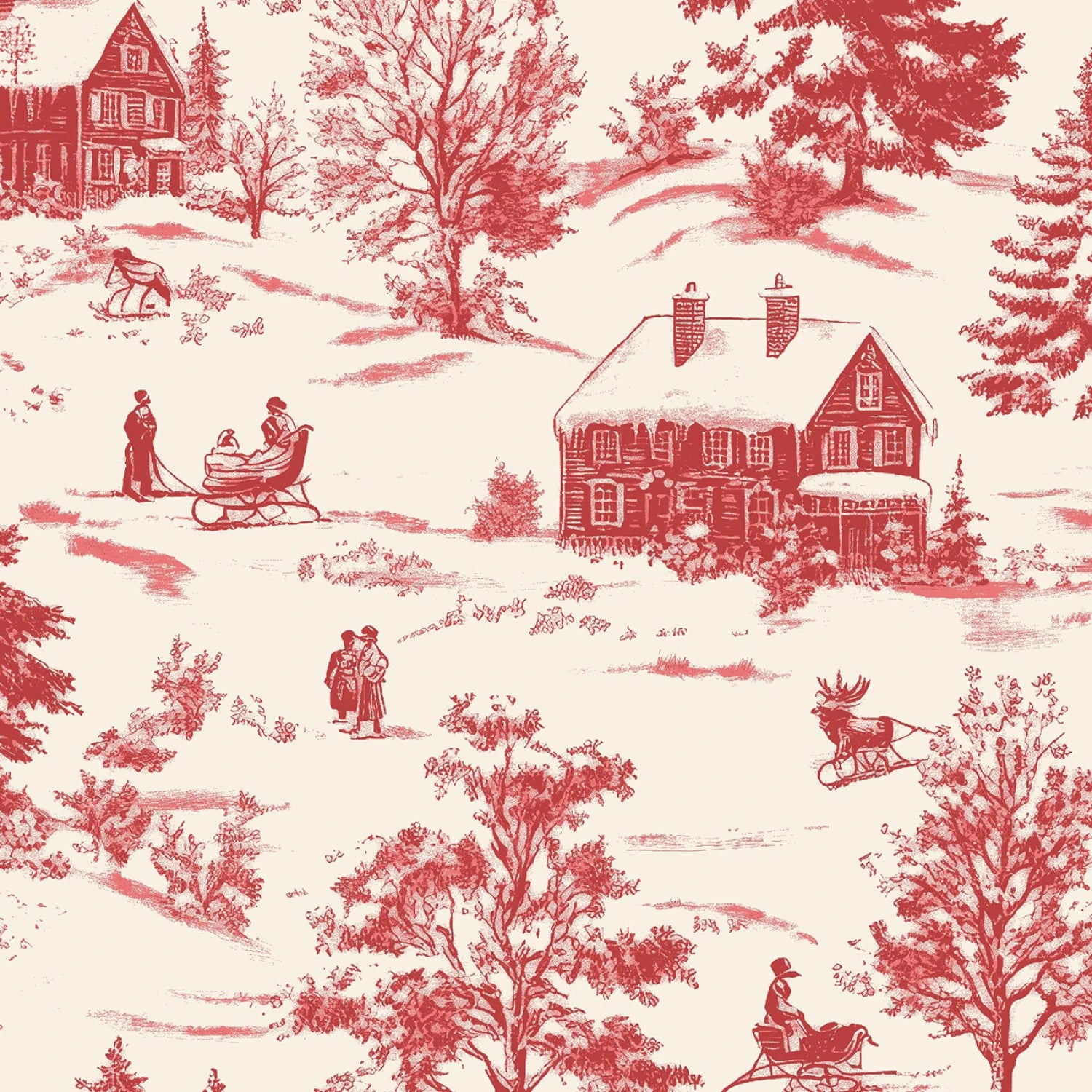 Holly Jolly Calico Red Toile Winter Scene