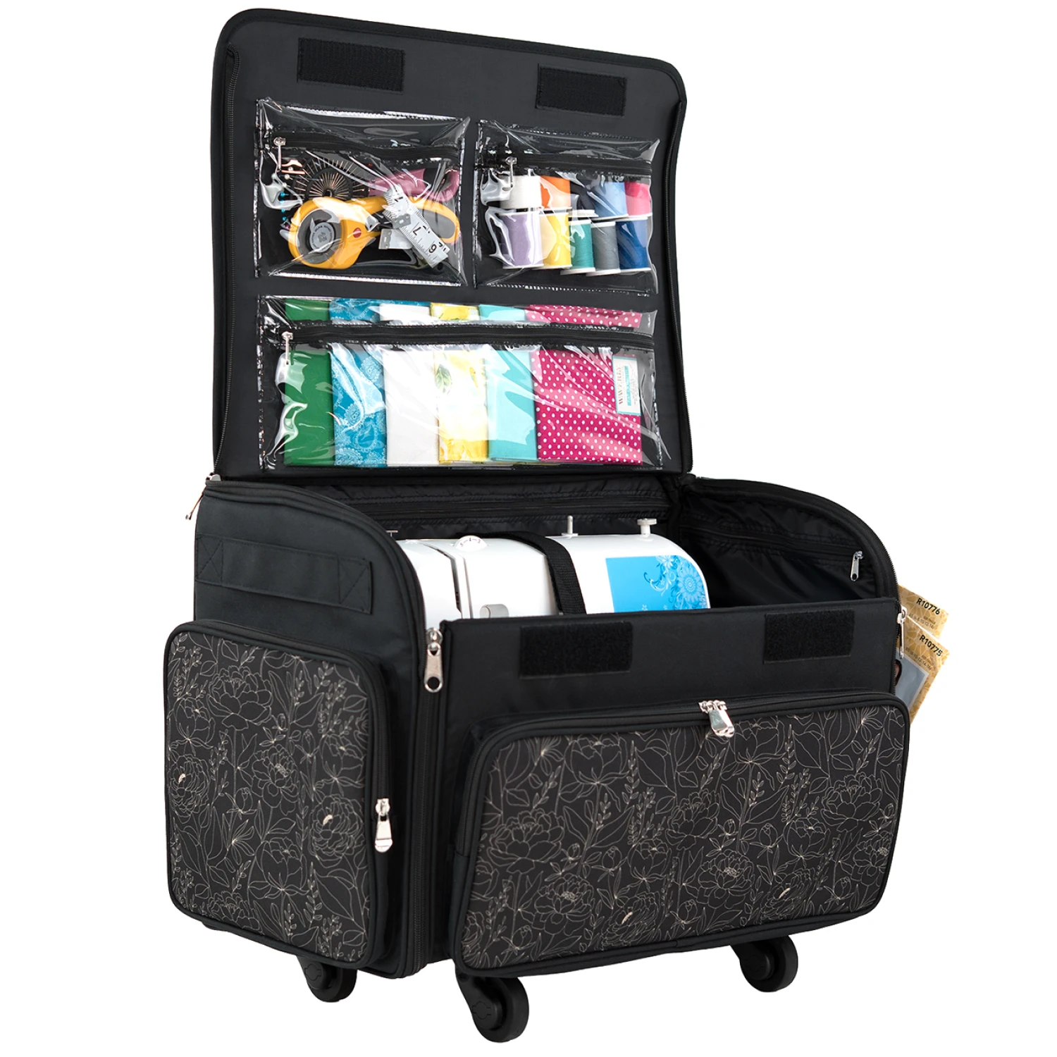 XL Rolling Sewing Machine Tote Grey Floral