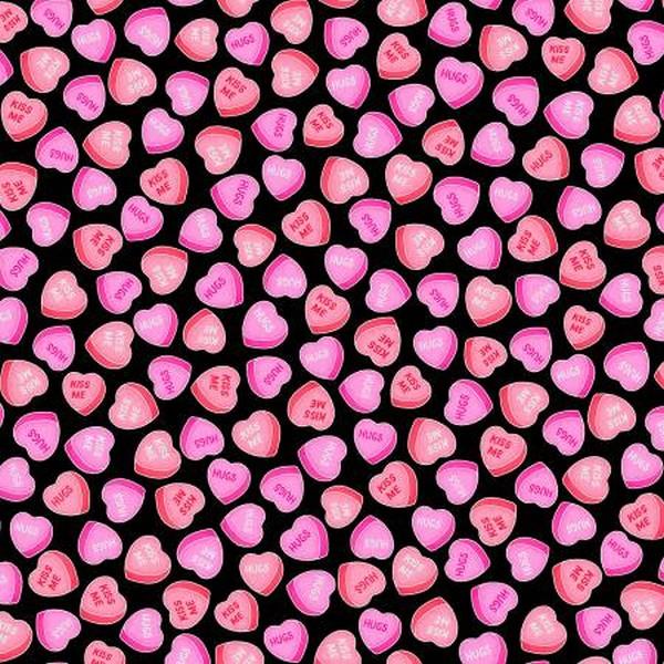 Hugs & Kisses Valentines Candy Hearts Black by Kanvas Studios for Benartex available in Canada at The Quilt Store