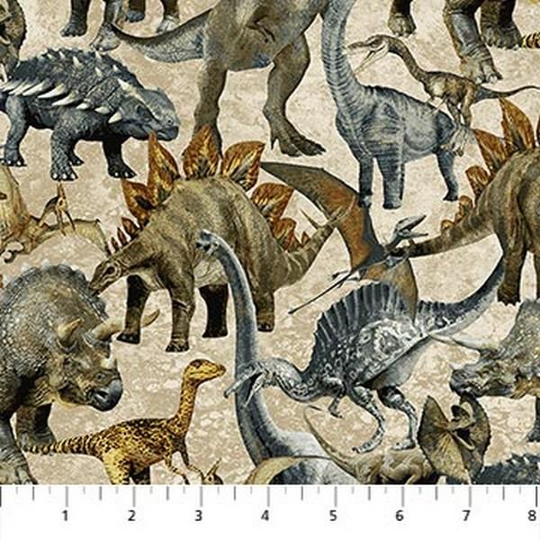 Stonehenge Prehistoric World Packed Dinosaurs Beige by Linda Ludovico for Northcott available in Canada at The Quilt Store