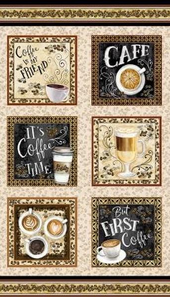 For The Love of Coffee Panel by Nicole DeCamp for Kanvas/Benartex Fabrics available in Canada at The Quilt Store