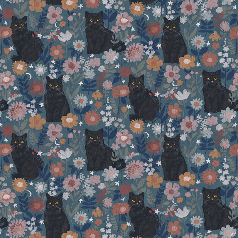 Midnight Prowl Black Cats And Blossoms - Dark Teal