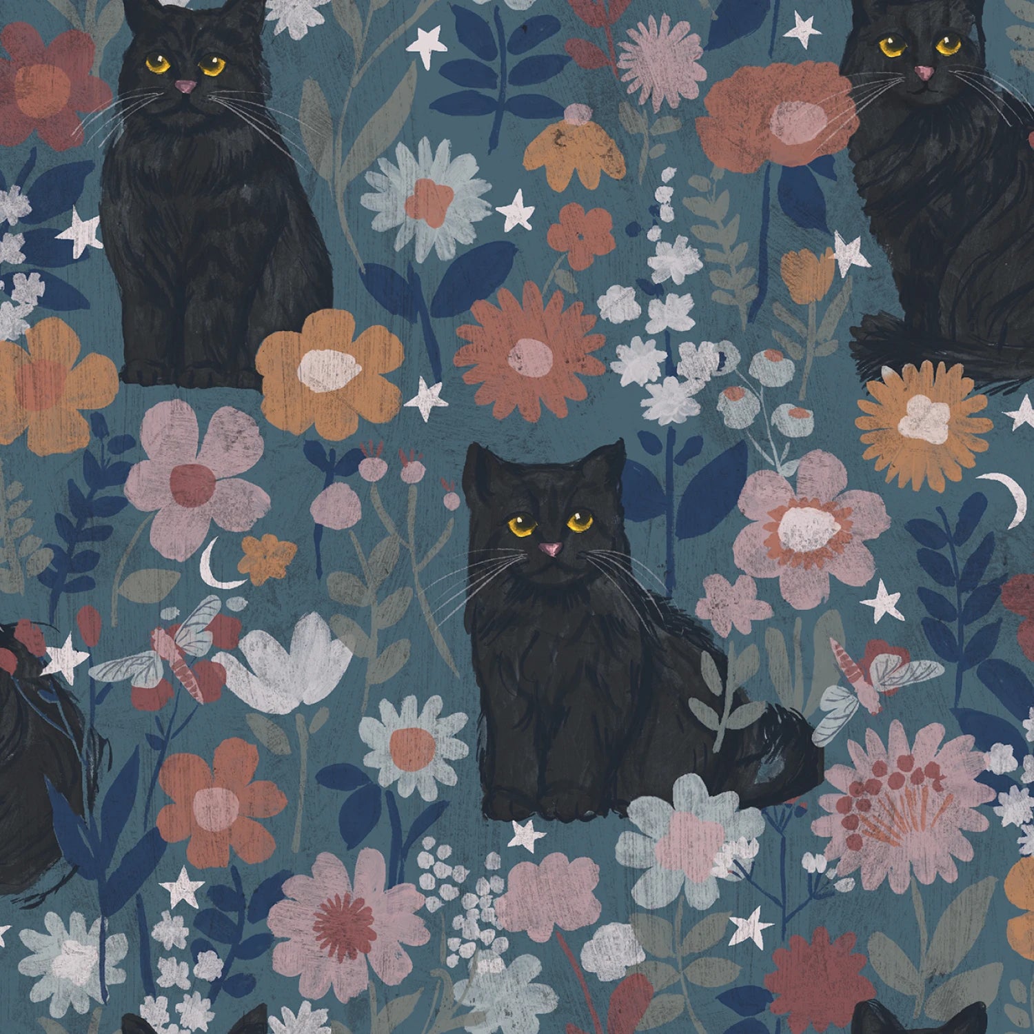 Midnight Prowl Black Cats And Blossoms - Dark Teal