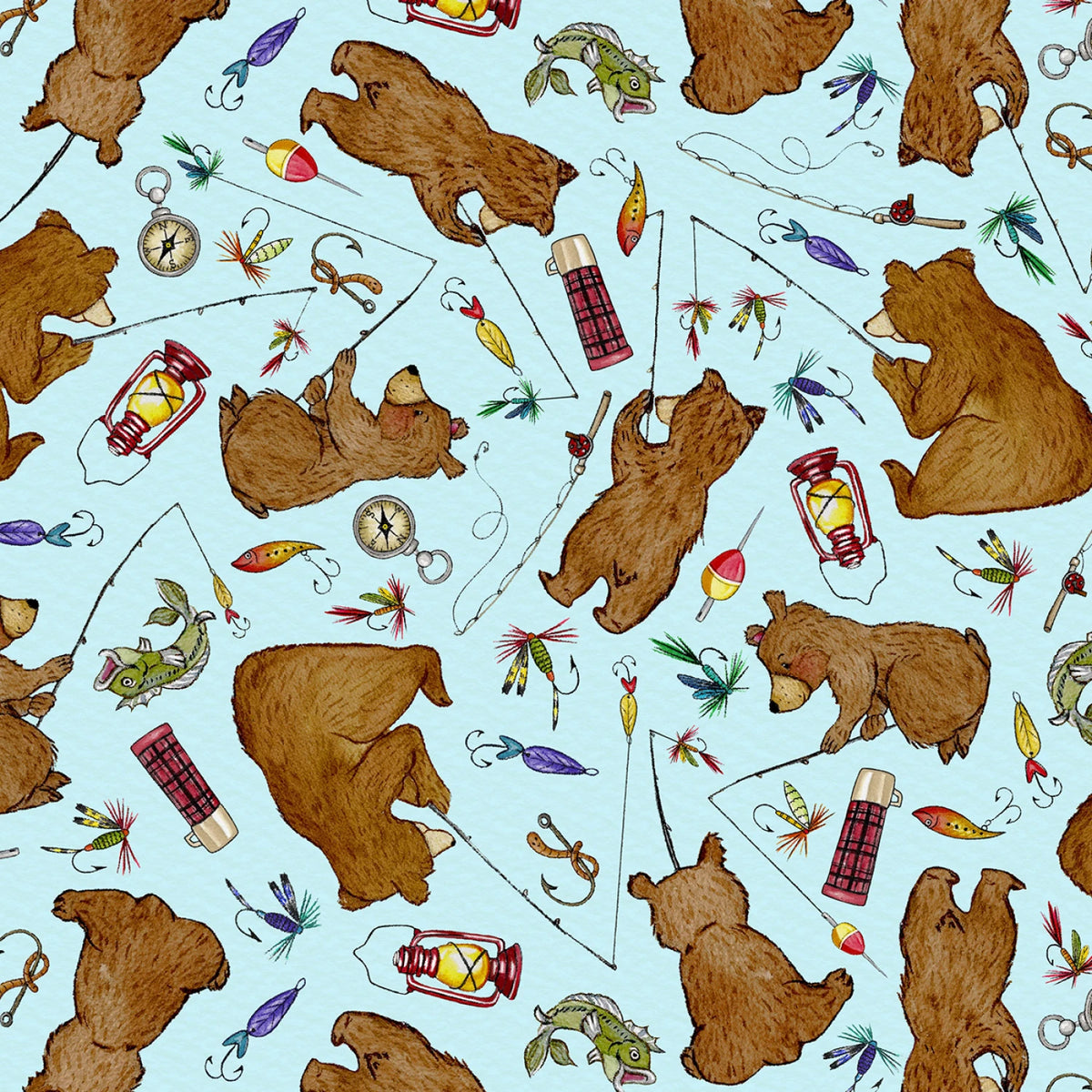 Happy Camper Brown Bears and Bobbers - Light Blue
