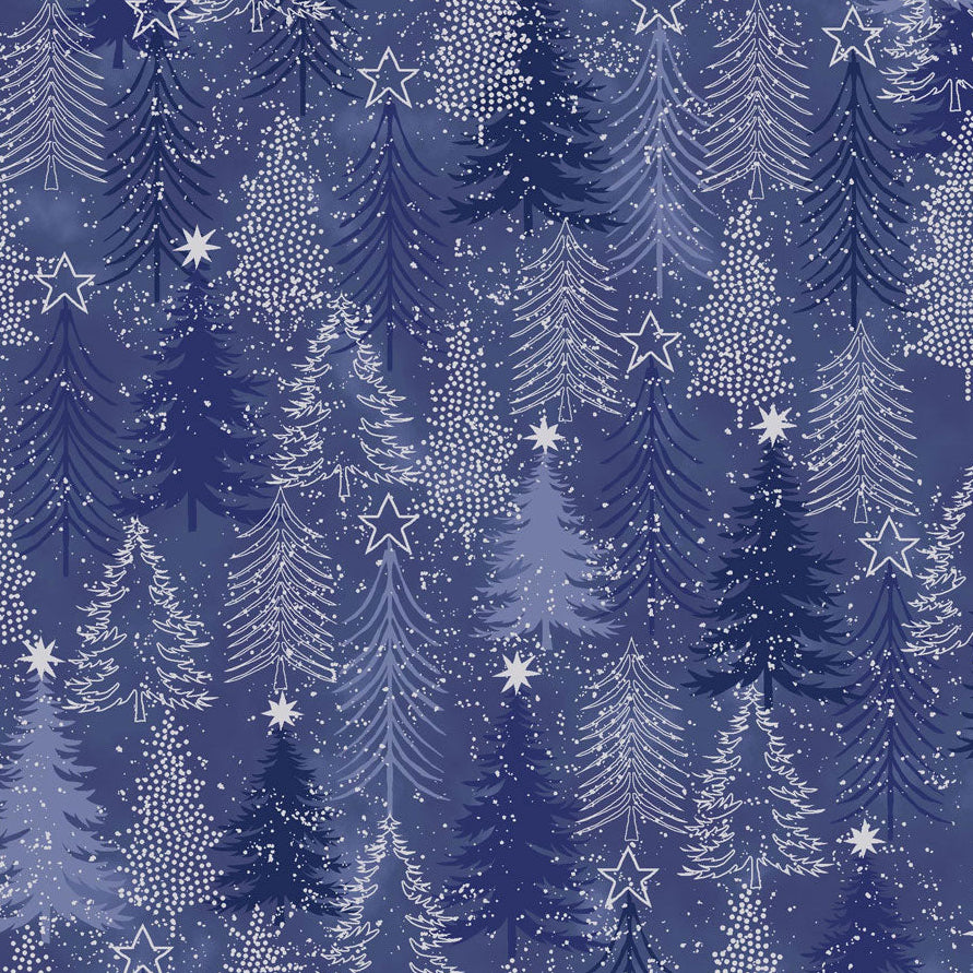 Snow Crystals Trees Navy Blue and Silver