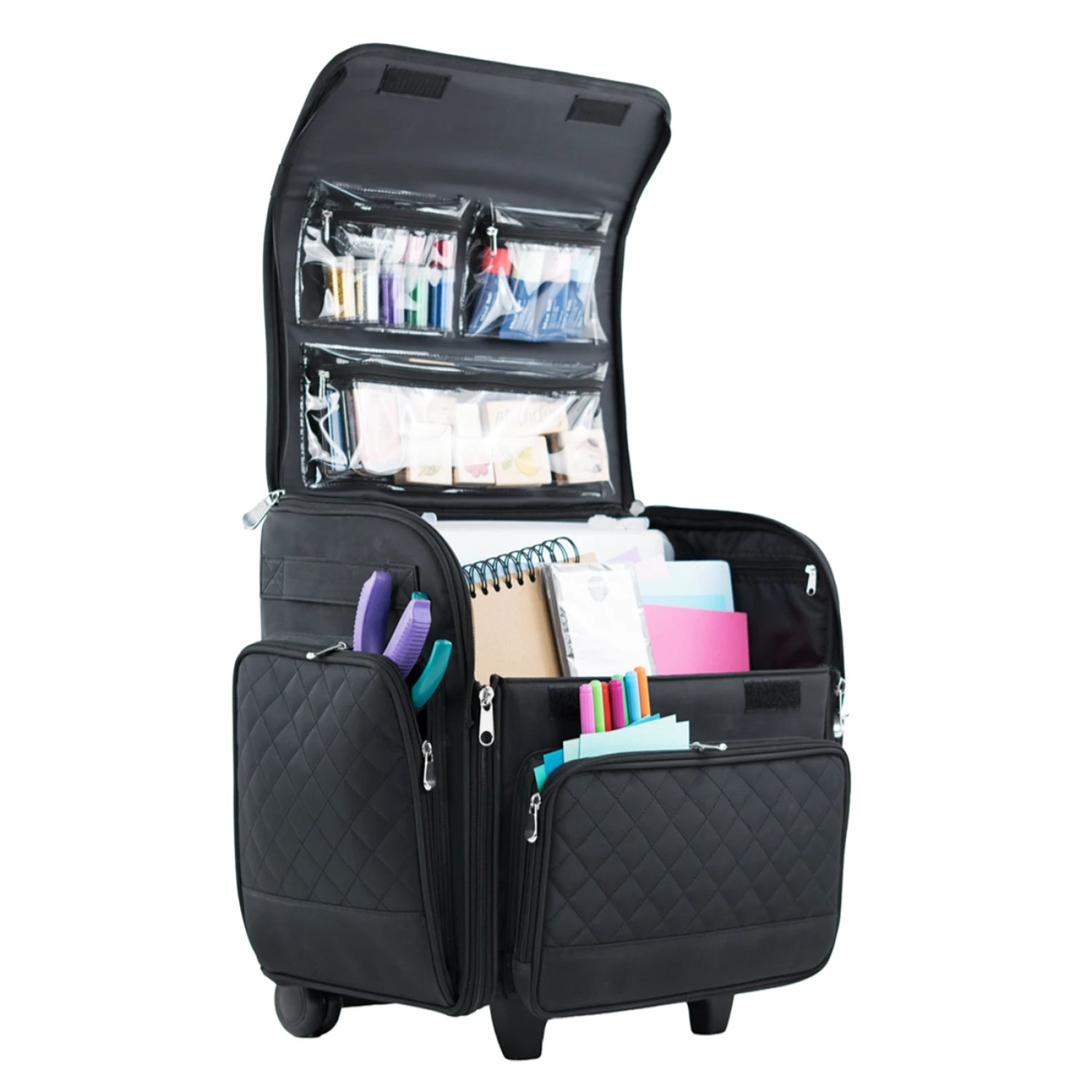 Deluxe Black Quilted Rolling Craft Tote