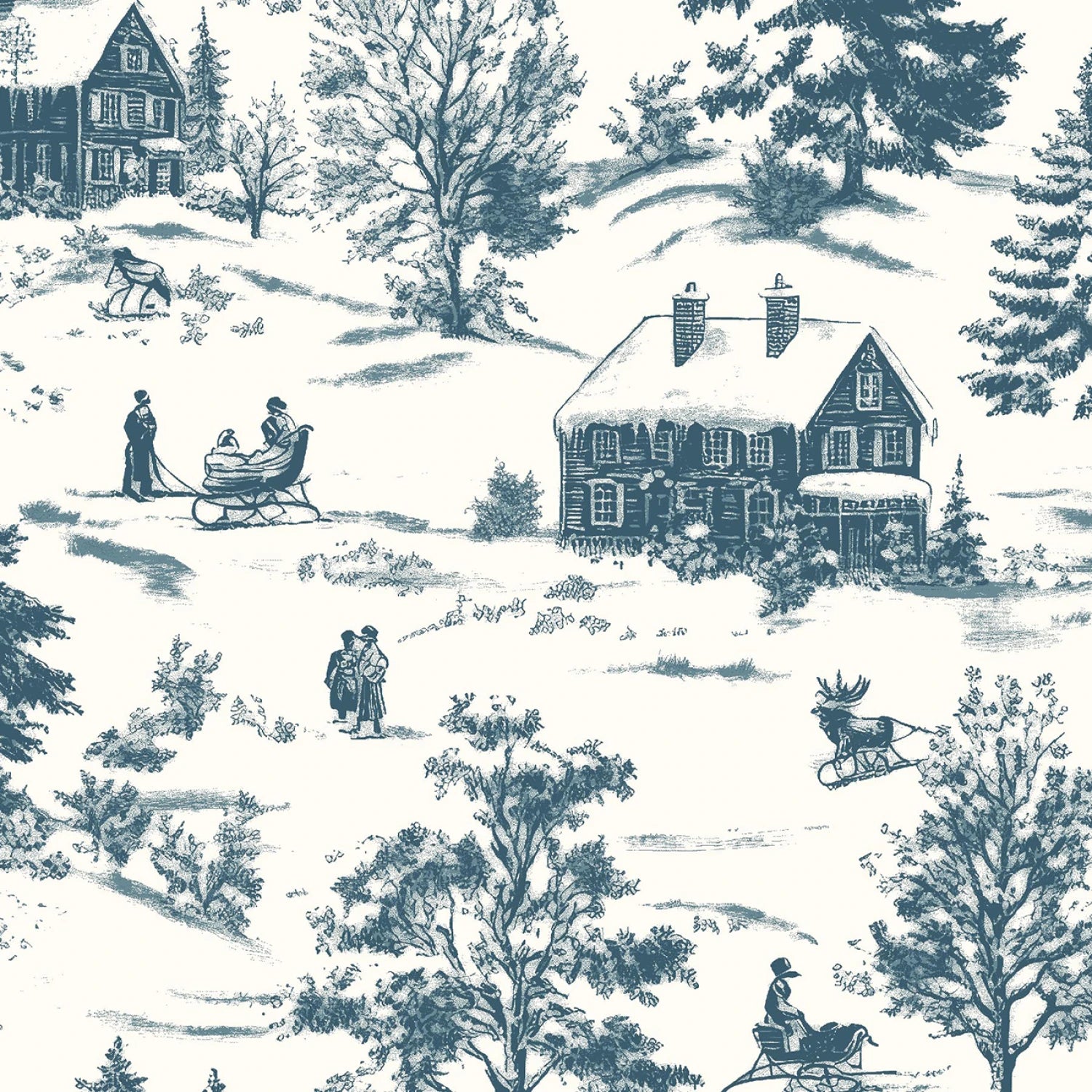 Holly Jolly Calico Blue Toile Winter Scene