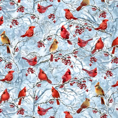 Cardinals & Berries on Snow Branches - Blue