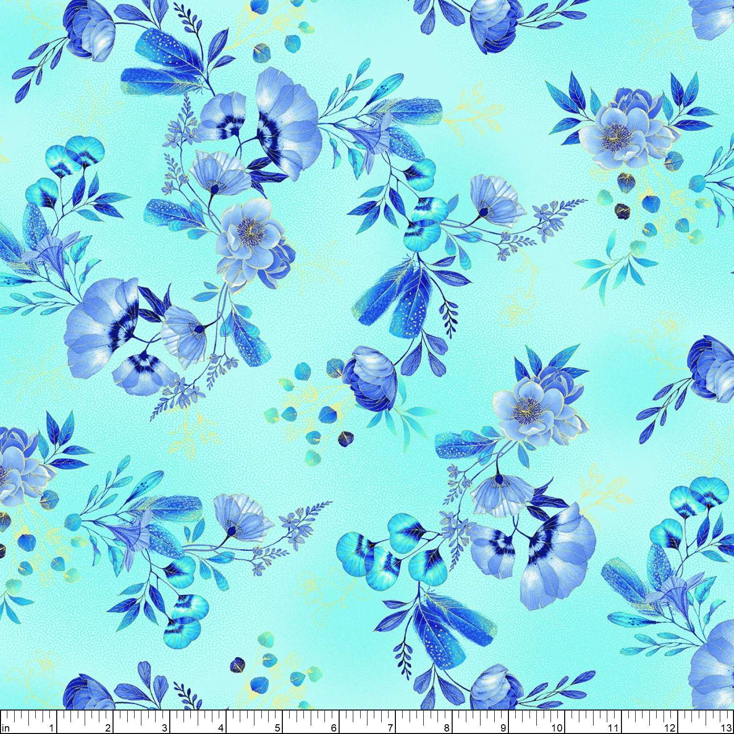 Royal Plume – Blue Floral And Feathers W/ Metallic Gold – Aqua