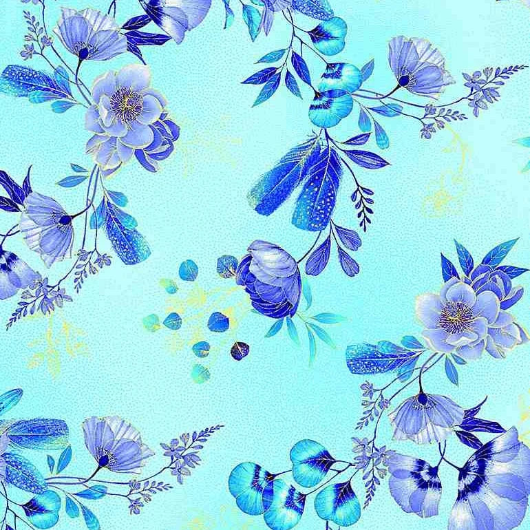 Royal Plume – Blue Floral And Feathers W/ Metallic Gold – Aqua