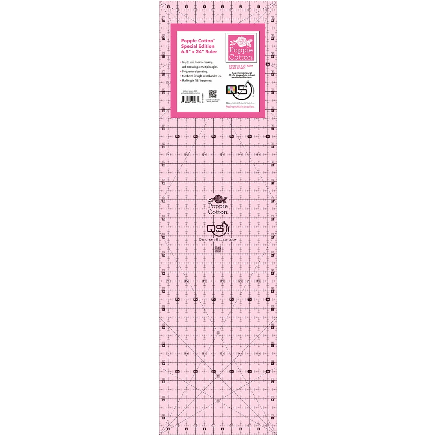 Quilter's Select Pink Poppie Cotton Non-Slip Ruler 6-1/2in x 24in