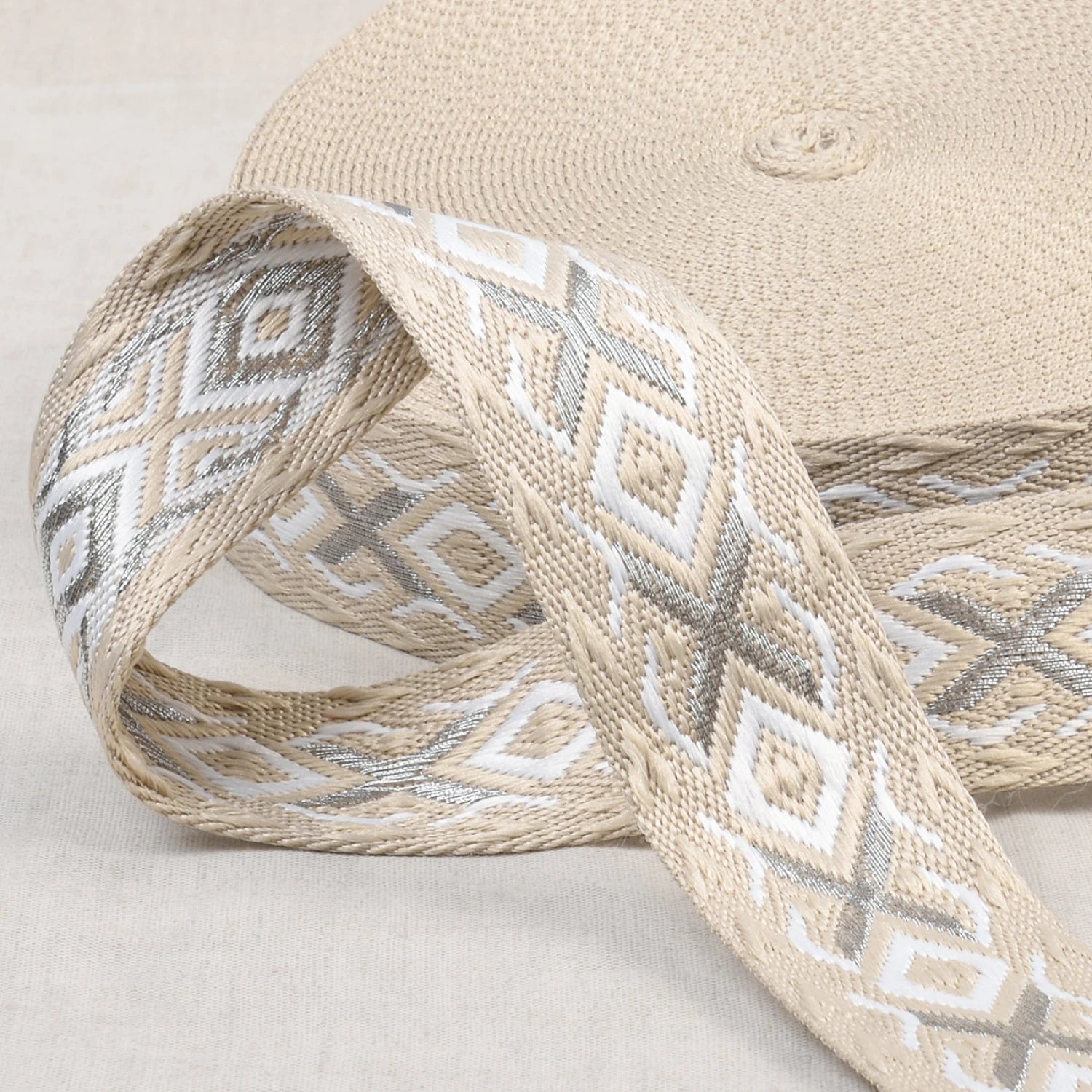 Ethnic Webbing Beige Silver - 1 1/2"