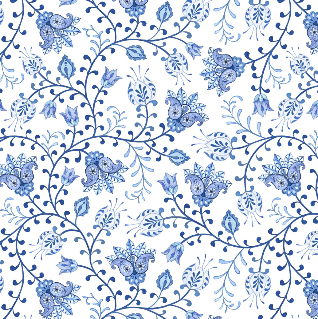 Blooming Blue Paisley Trail - White