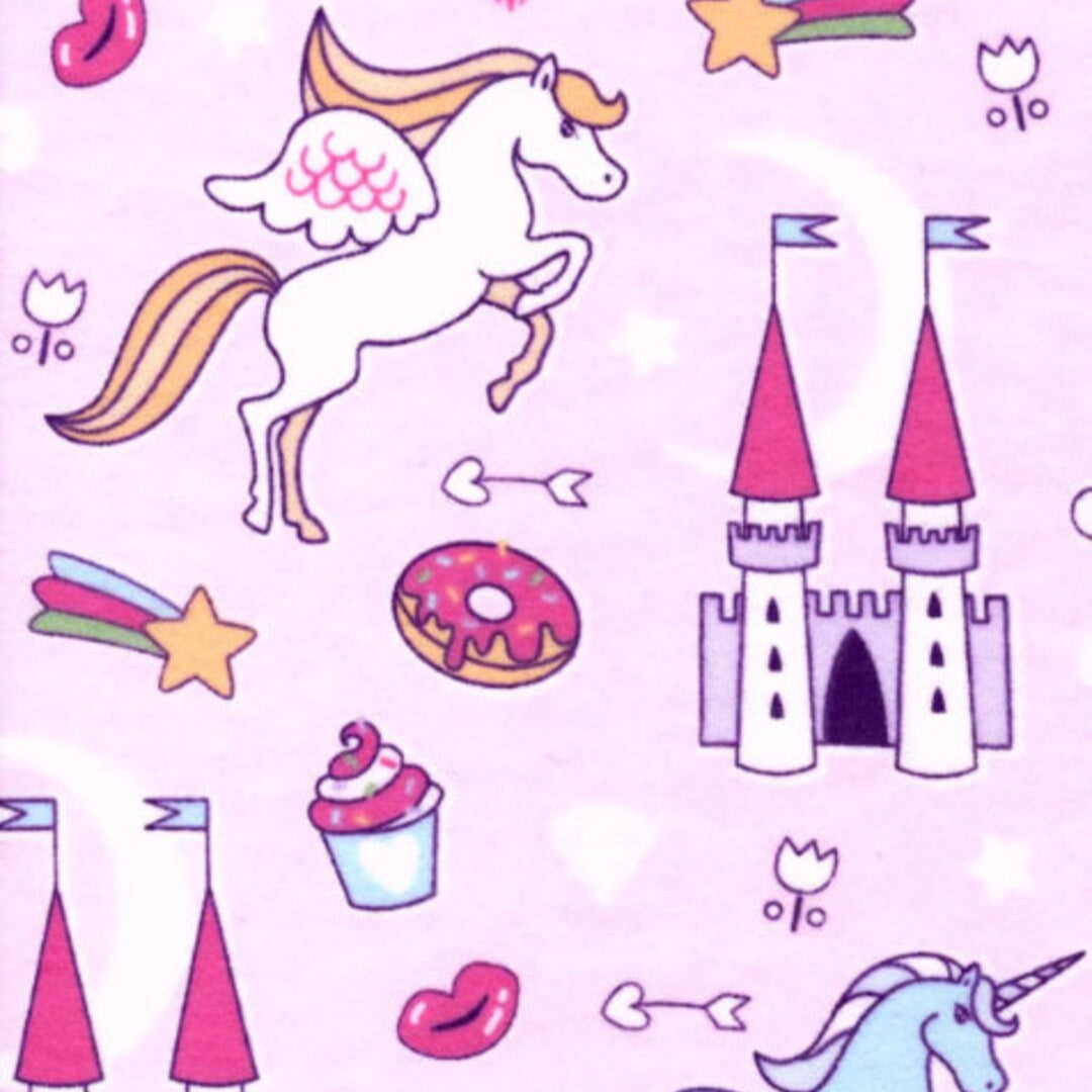 Children's pattern with unicorns, castles, and donuts on a pink background