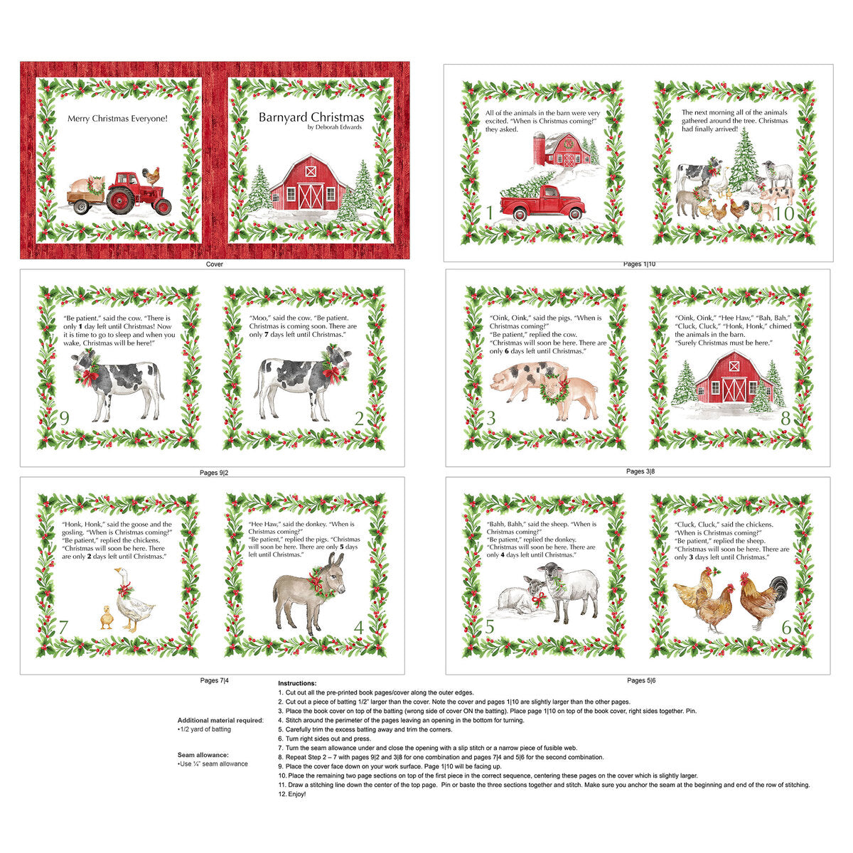 Barnyard Christmas Book Panel - White Multi