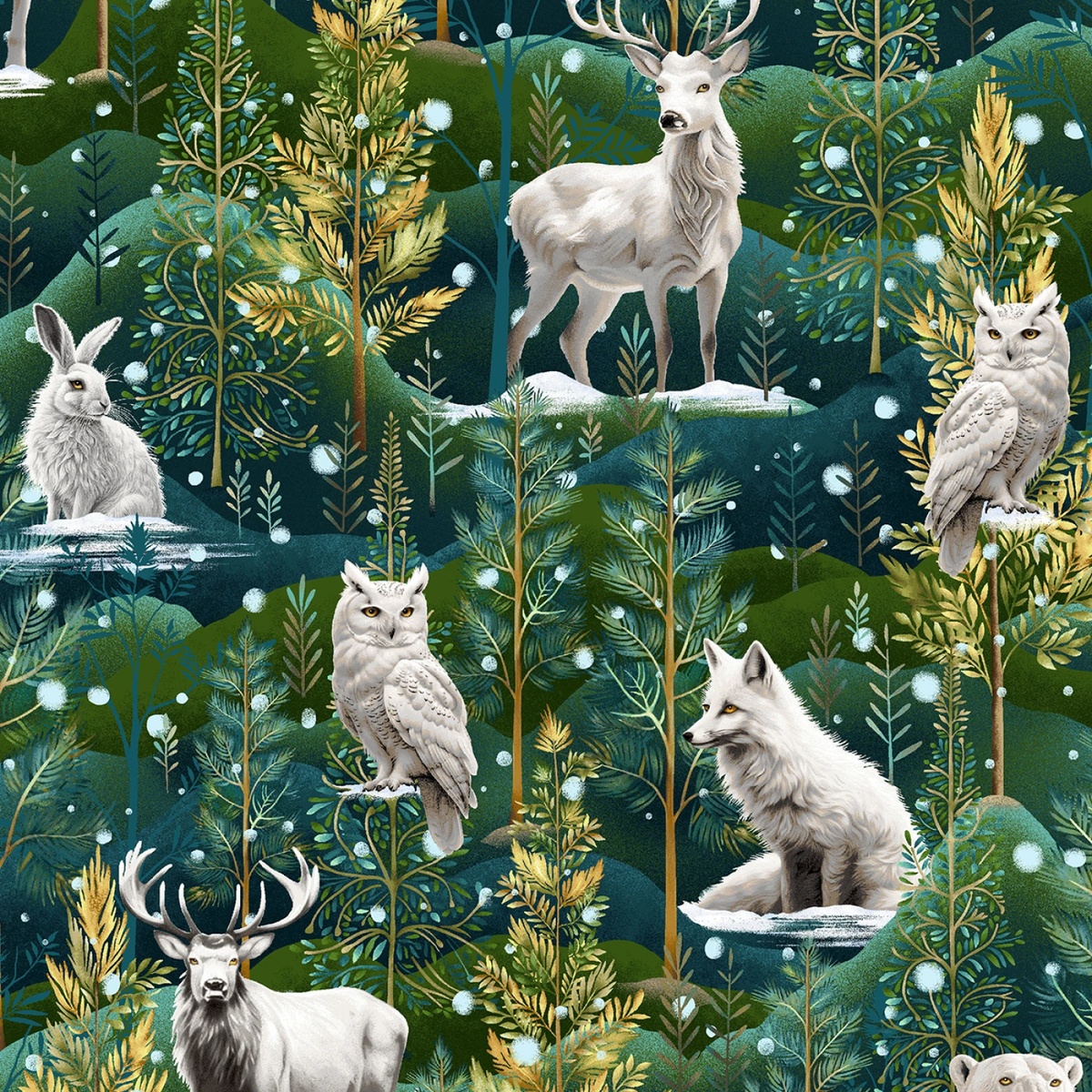 Magical Winter Woodland Animal Scene - Navy Multi