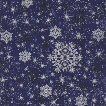 Snow Crystals Snowflake Stars - Navy Blue and Silver