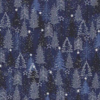 Snow Crystals Trees Navy Blue and Silver