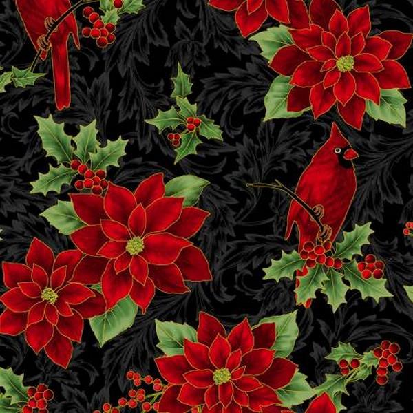 Holiday Wishes Cardinals & Poinsettias Black & Gold Fat Quarter