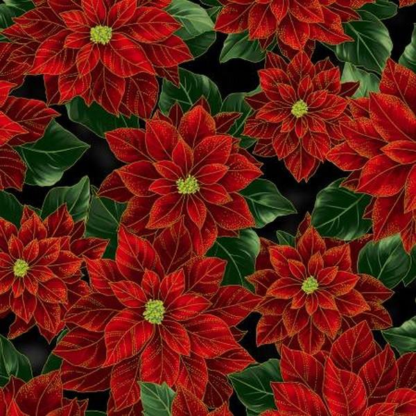 Holiday Wishes Poinsettia Black with Gold Fat Quarter