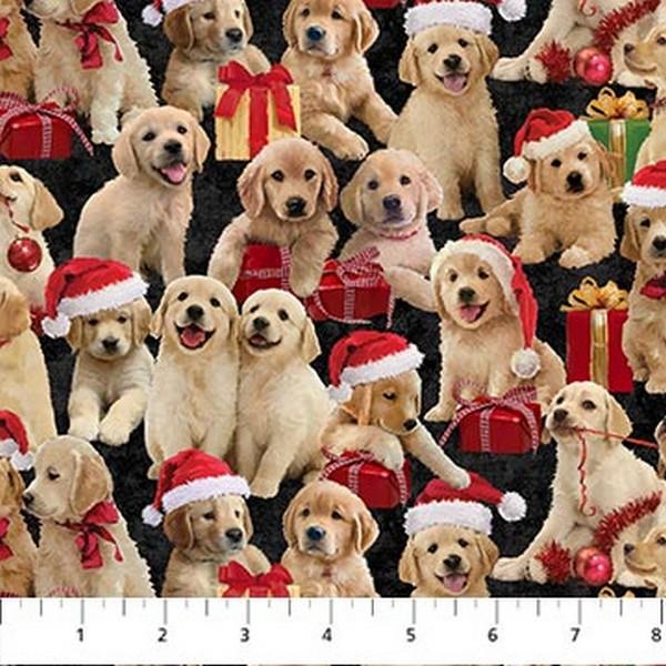 Golden Christmas Black Golden Retrievers by Jason Kirk for Northcott available in Canada at The Quilt Store
