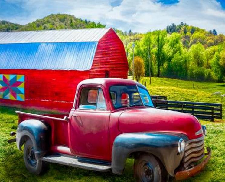 Vintage Red Truck with Barn Quilt