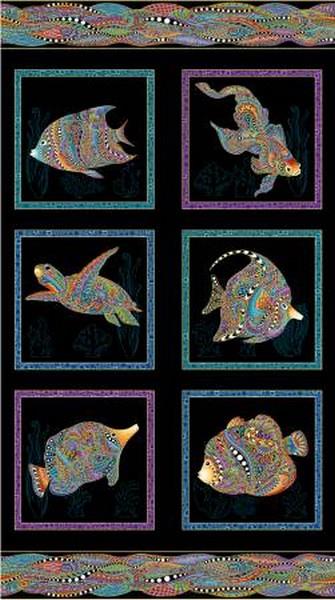 Hooked on Fish Panel by Ann Lauer for Benartex available in Canada at The Quilt Store