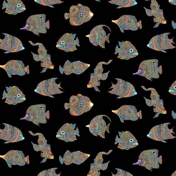 Hooked on Fish Something Fishy Black by Ann Lauer for Benartex available in Canada at The Quilt Store
