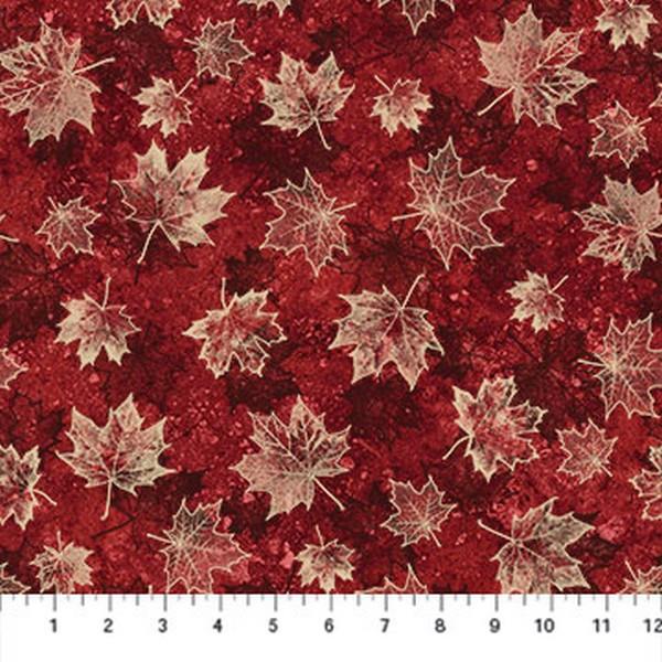 Oh Canada! 10th Anniversary Large Leaves Beige on Red by Deborah Edwards & Linda Ludovico for Northcott Studios available in Canada at The Quilt Store