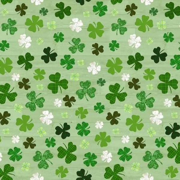 Hello Lucky Clover on Green Wood Grain by Henry Glass & Co. available in Canada at The Quilt Store