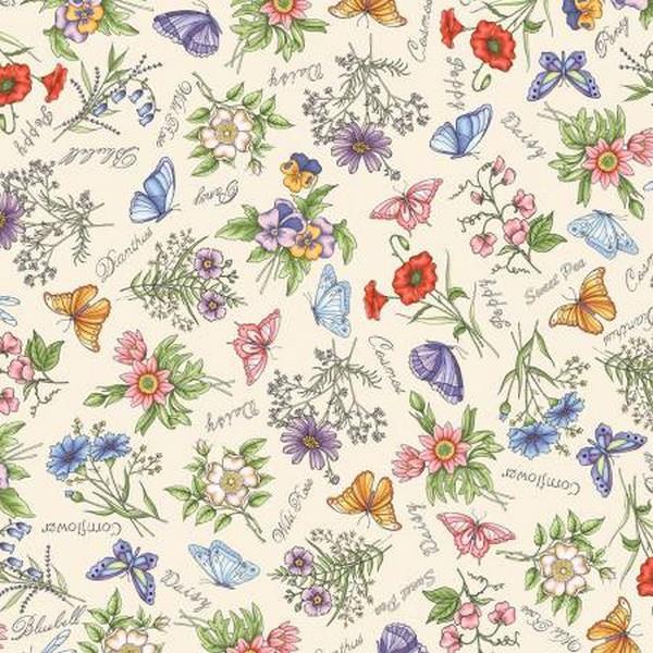 Garden Stroll Cream Floral Names by Kris Lamers for Maywood Studios available in Canada at The Quilt Store