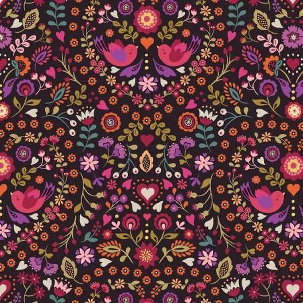 Little Matryoshka Floral & Birds Black by Lewis & Irene available in Canada at The Quilt Store