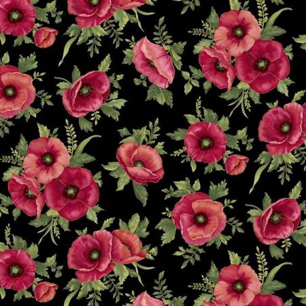 Amazing Poppies Black by Ann Lauer for Benartex Fabrics available in Canada at The Quilt Store