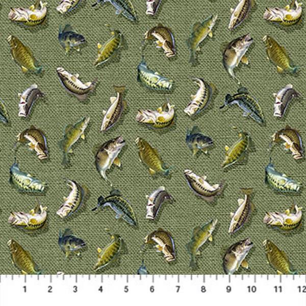 Hooked Fish on Green Burlap by Al Agnew for Northcott available in Canada at The Quilt Store