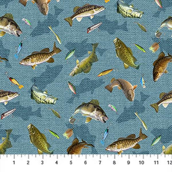 Hooked Fish on Blue Burlap by Al Agnew for Northcott available in Canada at The Quilt Store