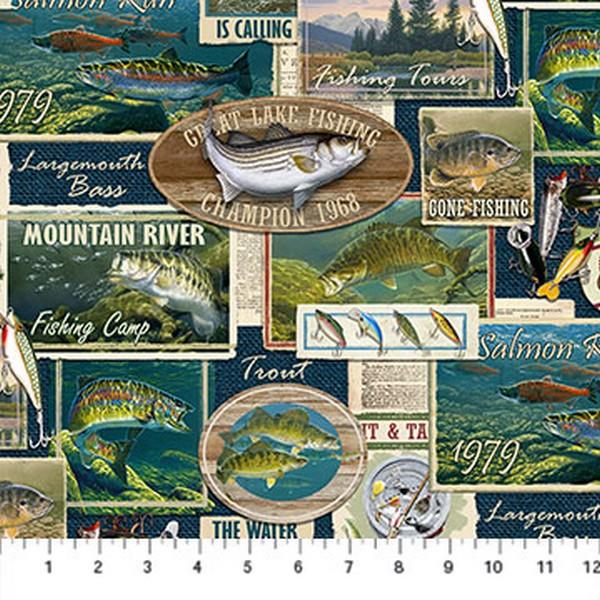 Hooked Fishing Labels by Al Agnew for Northcott available in Canada at The Quilt Store