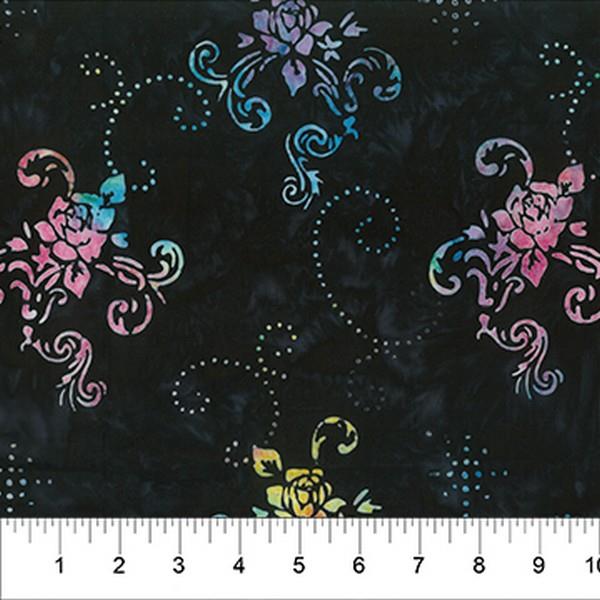 Rose Parade Multi Black Scroll by Pat Fryer of Villa Rosa Designs for Banyan Batiks available in Canada at The Quilt Store