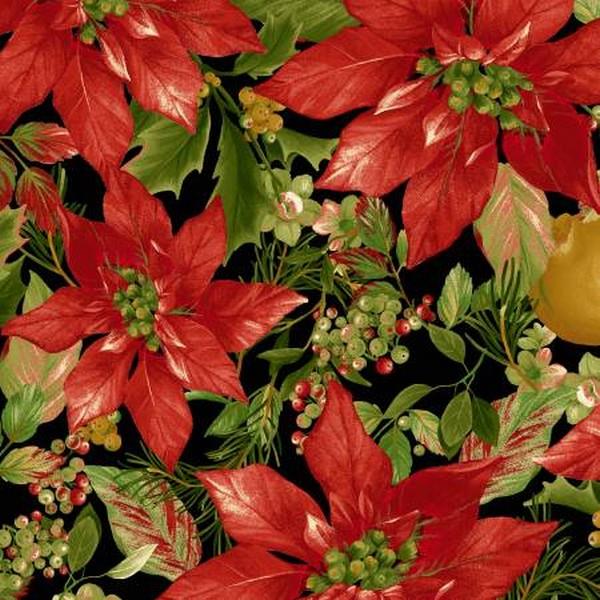 Holiday Foliage Poinsettia on Black by Laura Berringer for Marcus Fabrics available in Canada at The Quilt Store