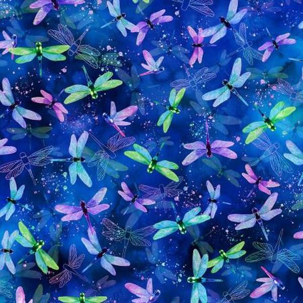 Dragonfly Wading with Water Lilies Saphire by Hoffman International Fabrics available in Canada at The Quilt Store