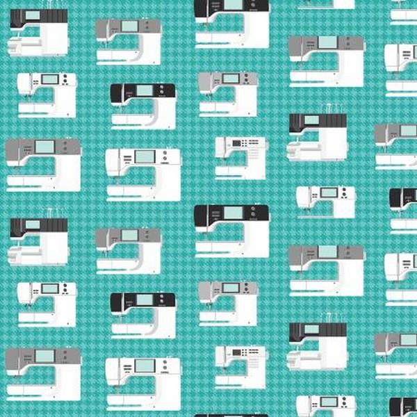 Sewing Room Turquoise Sewing Machines by Amanda Murphy for Benartex available in Canada at The Quilt Store