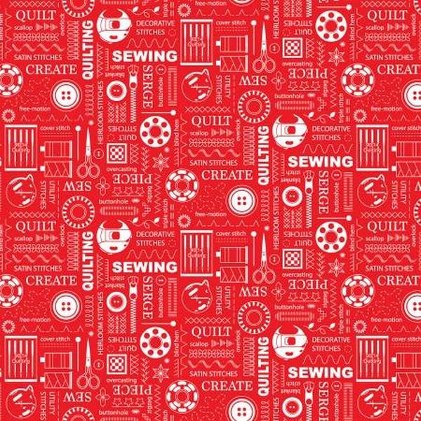 Sewing Room Stitches Red by Amanda Murphy for Benartex available in Canada at The Quilt Store