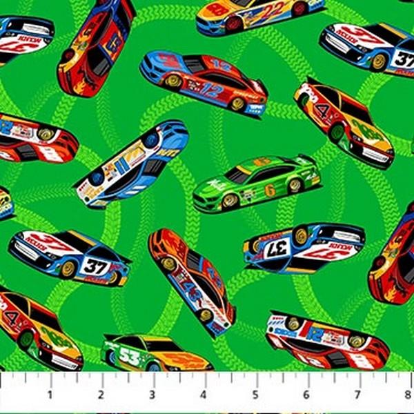Turbo Speed Small Cars Green by Fernanda Motta for Northcott available in Canada at The Quilt Store