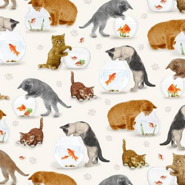 Cats & Fishbowl Cream by Timeless Treasures available in Canada at The Quilt Store